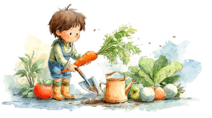 A sweet child in overalls proudly holding a freshly dug carrot surrounded by his harvest from on transparent background