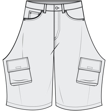 Baggy Oversize layer Cargo Short Fashion Illustration, Vector, CAD, Technical Drawing, Flat Drawing, Template, Mockup.