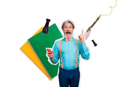 Exclusive art banner collage of excited old man show index finger hold phone notepad supplies chess figurine pen university - Powered by Adobe