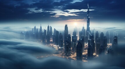 City skyscrapers and highways emerge from dense fog at night, creating a futuristic and enigmatic cityscape illuminated by glowing lights and striking shadows