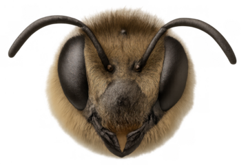 Bee head macro isolated on transparent background, showing compound eyes and fuzzy antennae