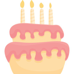 Two Tier Birthday Cake with Pink Frosting and Four Lit Candles on a Transparent Background