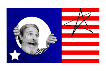 Composite collage image of funny mature man national independence america day fourth july concept fantasy billboard comics zine