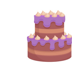 Two Tier Chocolate Cake With Purple Icing And Cream Swirls On Top Isolated On White Background Vector Illustration