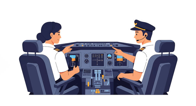 Illustration of a pilot and copilot in the cockpit of an airplane with a white background.