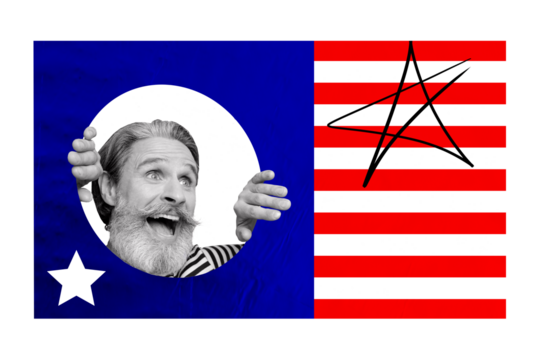 Composite collage image of funny mature man national independence america day fourth july concept fantasy billboard comics zine