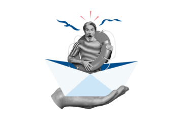 Composite photo collage of hand paper boat scared old man sailor hold lifebuoy safety risk trip vacation isolated on painted background