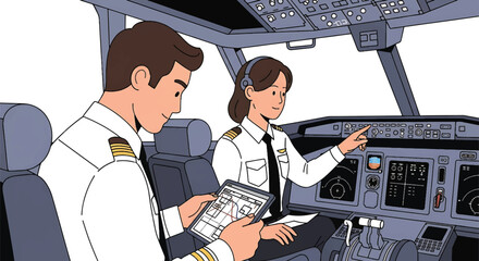 Illustration of a male and female pilot in the cockpit of an airplane with a control panel.