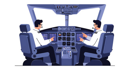 Two pilots sitting in an airplane cockpit with control panels and instruments.