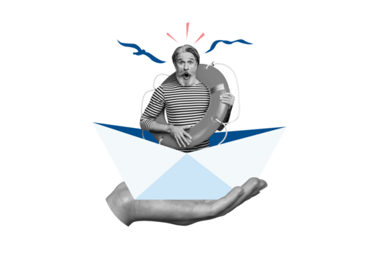 Composite photo collage of hand paper boat scared old man sailor hold lifebuoy safety risk trip vacation isolated on painted background