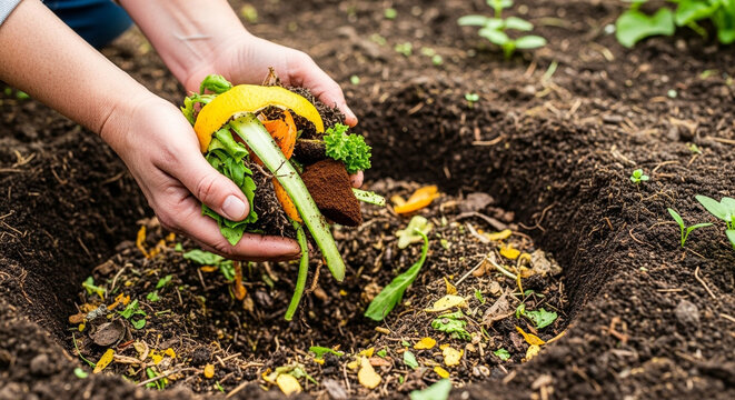 Throwing Organic Food Waste into Compost Pit &mdash; Sustainable Waste Management
