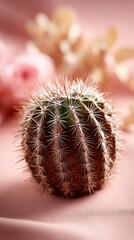 A small green cactus with sharp white spines sits on a textured pink fabric. Out of focus pink flowers are in the background creating a soft aesthetic.