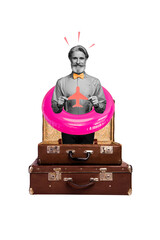 Vertical photo collage of happy old man peek big empty suitcase wear lifebuoy plane vacation journey isolated on painted background