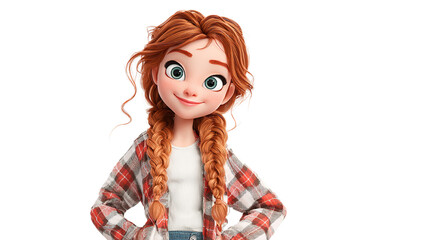 A spirited redhead girl with braided pigtails freckled face and a warm smile radiating on transparent background