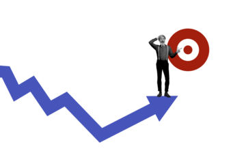 Composite photo collage of happy old man business employee arrow development success concept aim leader isolated on painted background