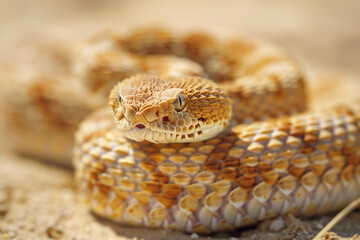 Fototapeta premium Realistic yellow-brown snake coiled on sand under sunlight. Detailed scale texture highlights the natural desert environment and reptile beauty