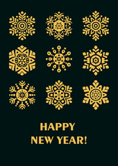 Decorative golden snowflakes set with Happy New Year greeting on dark background festive winter holiday vector for cards banners or posters