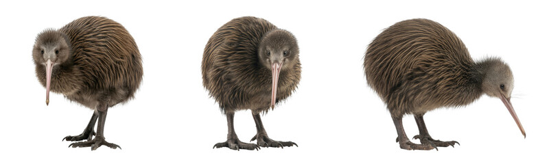 three kiwi birds isolated on transparent background
