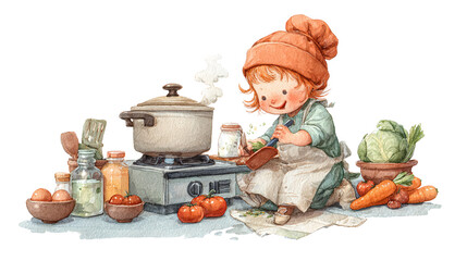 A sweet child smiles while happily stirring a pot of freshly prepared vegetables in a cozy on transparent background