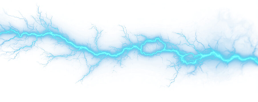 Jagged lightning illuminates storm clouds in blue and white. Sparks dance wildly across the horizon. The night sky glows with raw energy. PNG