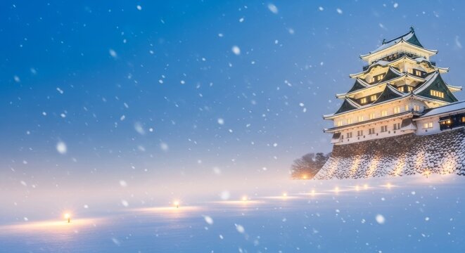 Nagoya Inuyama Castle Winter banner background, lights on snow