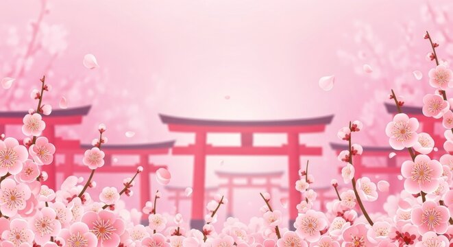 Osaka Tenjin Plum Festival banner background, torii and blossoms