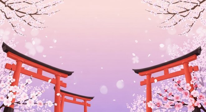 Osaka Tenjin Plum Festival banner background, torii and blossoms