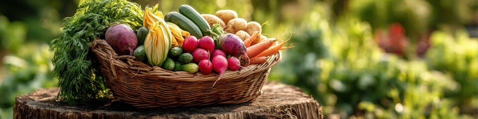 A vibrant close-up of a wicker basket filled with a bountiful, fresh harvest of vegetables in a garden