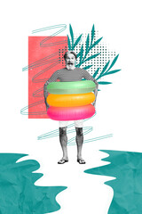 Vertical creative image collage standing retired man scream panic afraid swimming water circles ocean resort vacation seaside