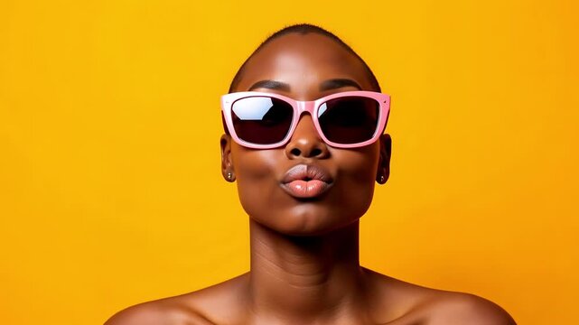 Bold monochromatic medium close-up of a stylish Black woman with a buzz cut and pink sunglasses playfully tapping her temples with yellow-painted nails, lips pursed in an 'O' shape 