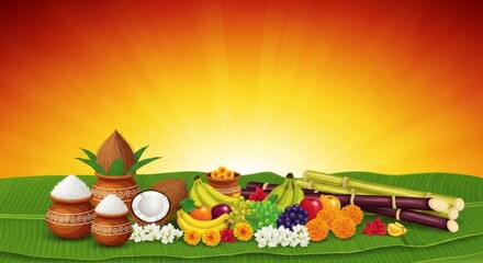 Naklejka premium Tamil Thai Pongal temple prayer banner background, banana leaves and offerings 
