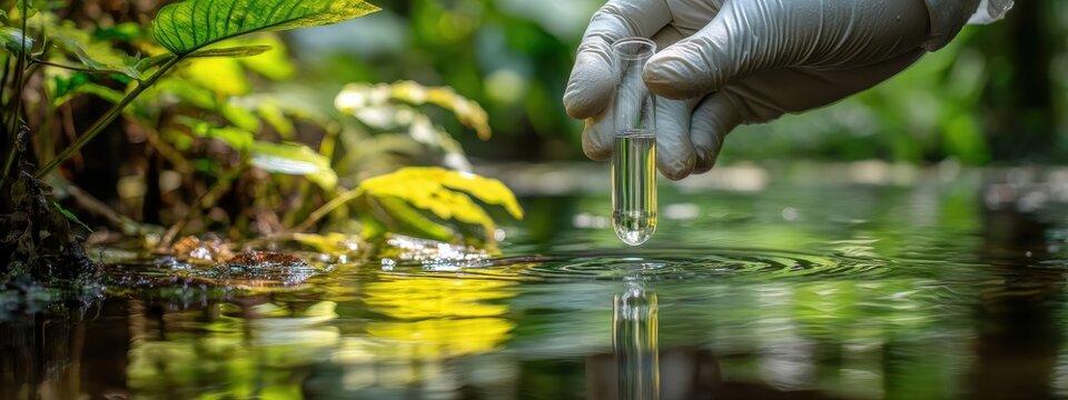 Scientist taking a water sample in a natural environment for analysis.