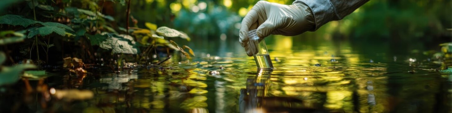 Scientist taking a water sample in a natural environment for analysis.