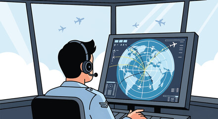 Illustration of a pilot operating a global air traffic control system in a control tower with a headset on.