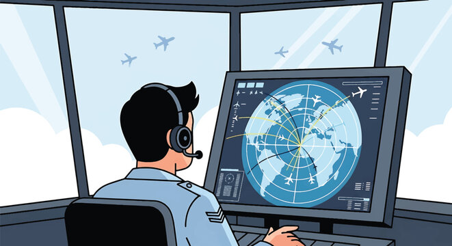 Illustration of a pilot operating a global air traffic control system in a control tower with a headset on.