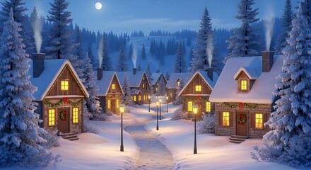 A charming winter village with glowing houses, pine trees, and a full moon shining over snowy streets.
