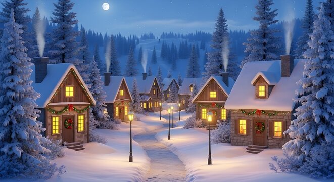 A charming winter village with glowing houses, pine trees, and a full moon shining over snowy streets.