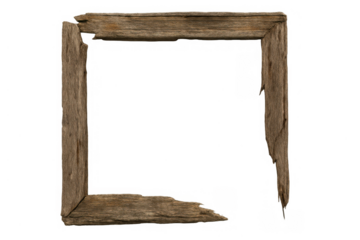 Rustic old wood frame showcasing rough texture and natural decay, creating a grunge border element. Transparent background