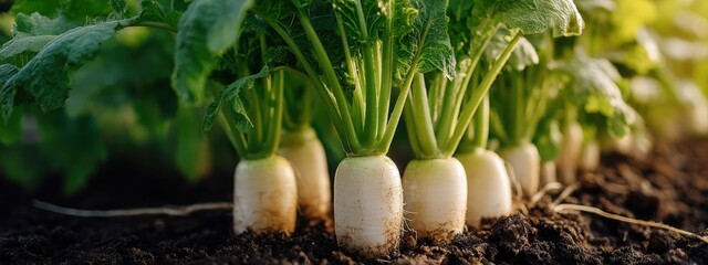 Fresh White Turnips (Radishes) Growing in Rich Garden Soil