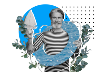 Composite photo collage of smile old man captain hold paper boat wear lifebuoy ocean design plant leaves trip isolated on painted background