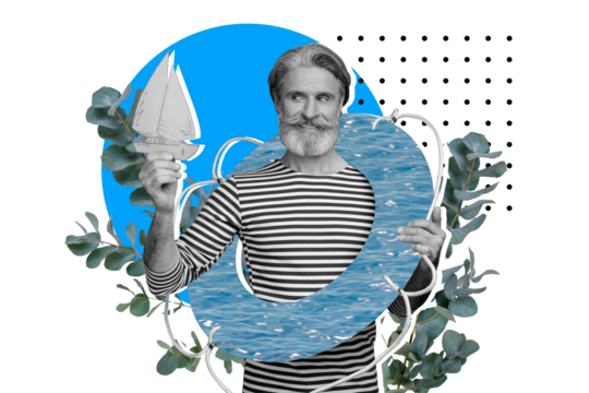 Composite photo collage of smile old man captain hold paper boat wear lifebuoy ocean design plant leaves trip isolated on painted background - Powered by Adobe