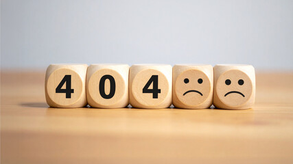 A conceptual image highlighting a 404 error with sad faces on wooden blocks