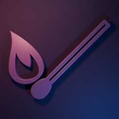 Purple Burning match with fire icon isolated on purple-blue background. Match with fire. Matches sign. Minimalism concept. 3D render illustration