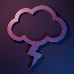 Purple Storm icon isolated on purple-blue background. Cloud and lightning sign. Weather icon of storm. Minimalism concept. 3D render illustration