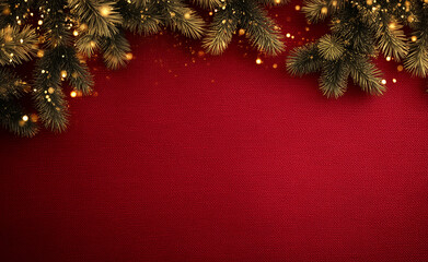 Christmas background with fir tree branches and glowing fairy lights on a red fabric surface. Festive composition symbolizing warmth, holiday spirit, and winter celebration.