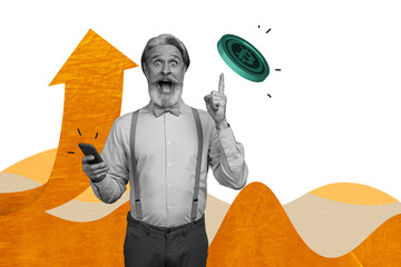 Composite photo collage of old shocked man hold iphone device point coin bitcoin token crypto freelancer isolated on painted background