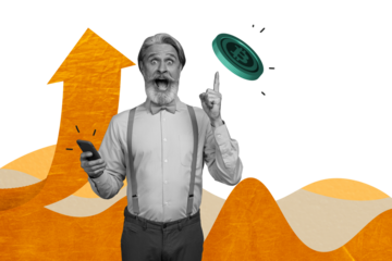 Composite photo collage of old shocked man hold iphone device point coin bitcoin token crypto freelancer isolated on painted background