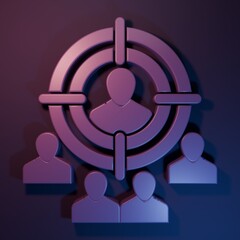 Purple Marketing target strategy concept icon isolated on purple-blue background. Aim with people sign. Minimalism concept. 3D render illustration