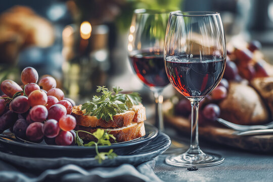 Red wine in glass besides plate of grapes and salad with blurred background  - Powered by Adobe