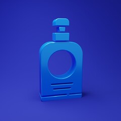 Blue Hand sanitizer bottle icon isolated on blue background. Disinfection concept. Washing gel. Alcohol bottle for hygiene. Minimalism concept. 3D render illustration